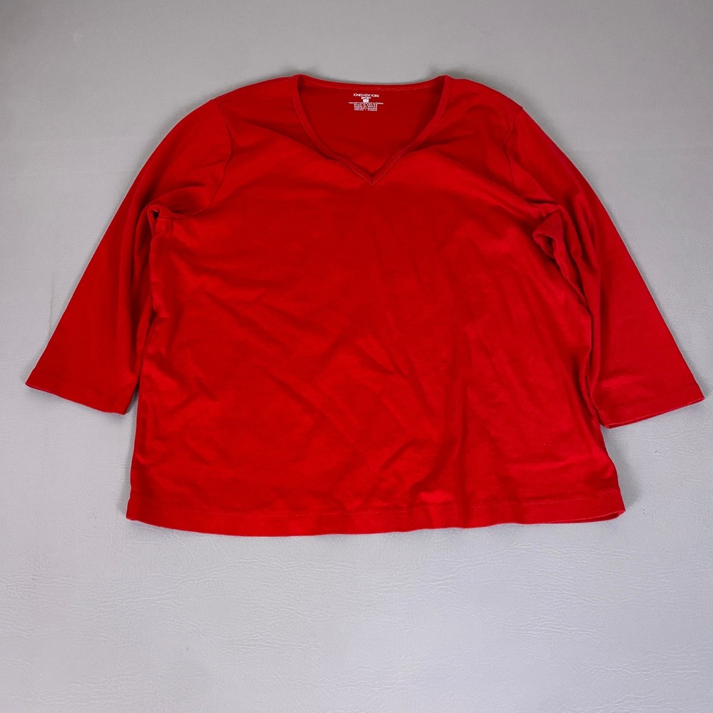 Jones New York Sport T-Shirt Women's Plus 2X Red V-Neck 3/4 Sleeve 100% Cotton